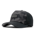The angled view of the Melin Split Fit Odyssey Brick Hydro hat in black camo midnight
