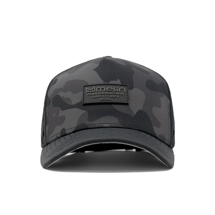 The front view of the Melin Split Fit Odyssey Brick Hydro hat in black camo midnight