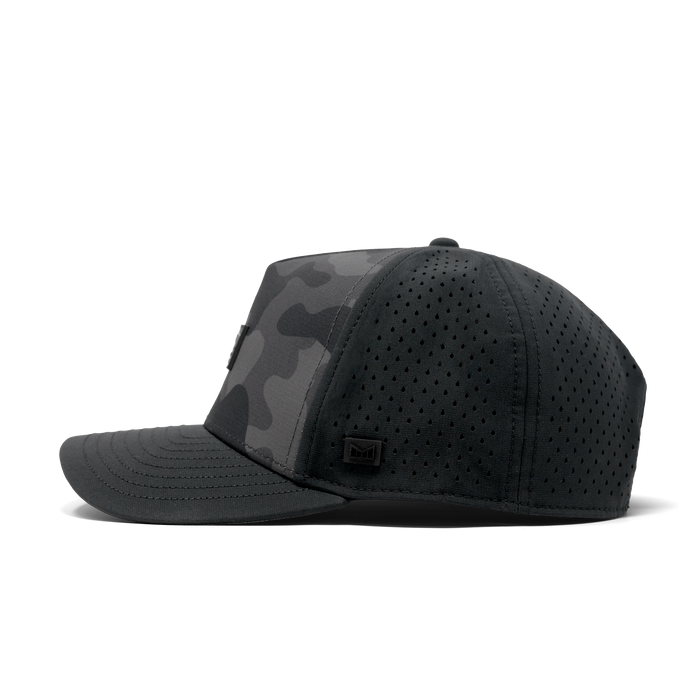 The side view of the Melin Split Fit Odyssey Brick Hydro hat in black camo midnight