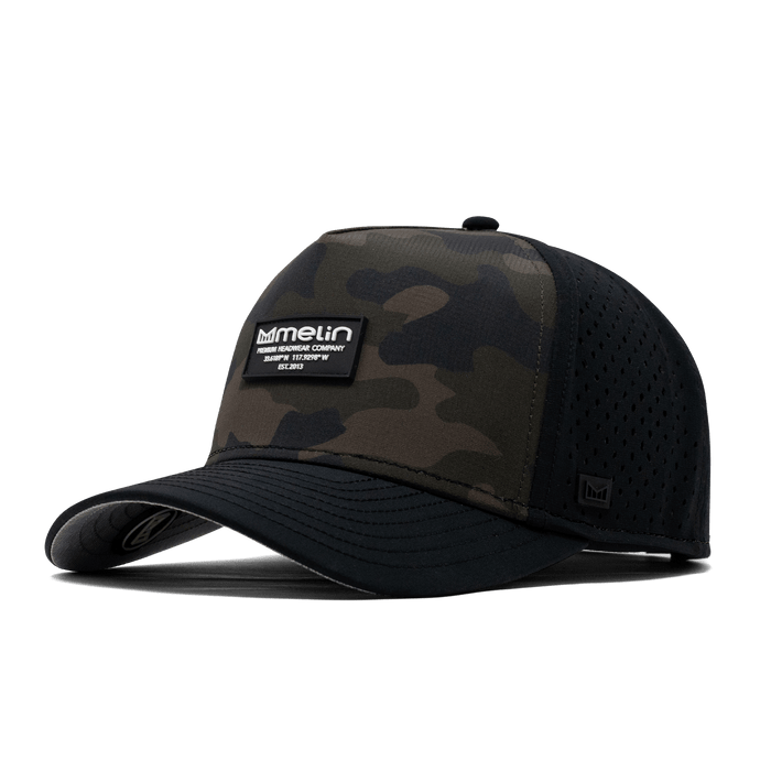 The angled view of the Melin Split Fit Odyssey Brick Hydro hat in green camo