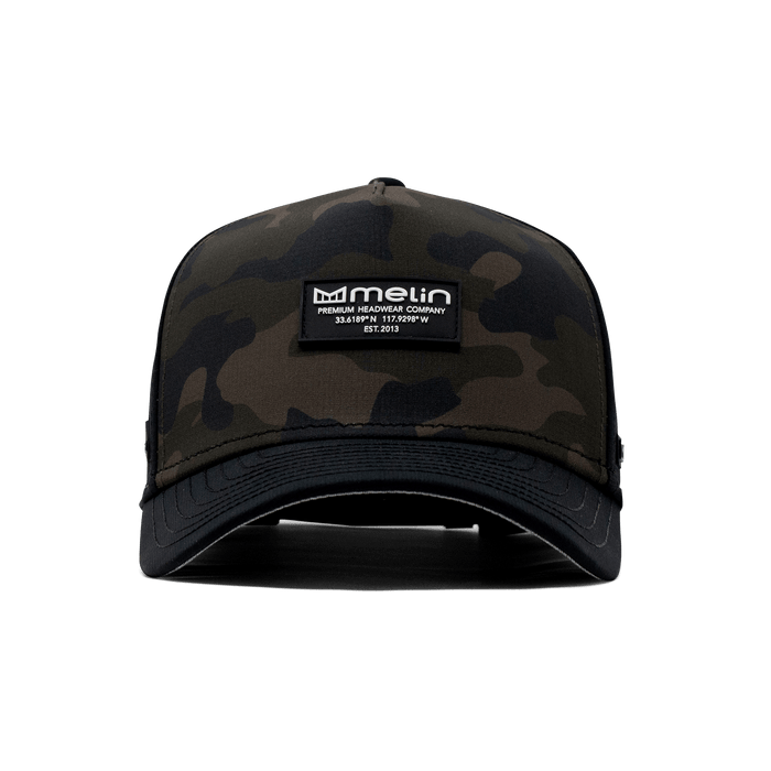 The front view of the Melin Split Fit Odyssey Brick Hydro hat in green camo