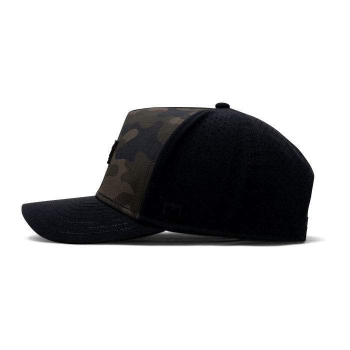The side view of the Melin Split Fit Odyssey Brick Hydro hat in green camo