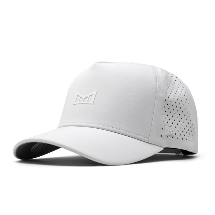 The front, angled view of melin's Odysea Hydrolite snapback hat in White