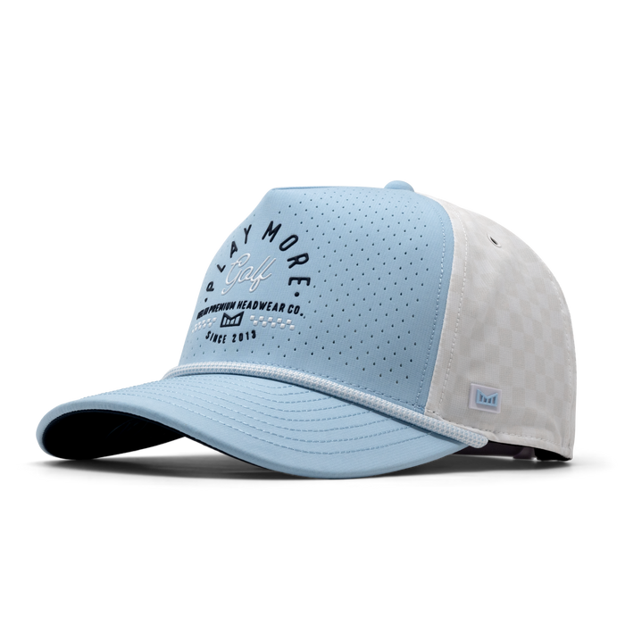 The front, angled view of the melin Odysea Links Hydro  Split Fit in Sky Blue / White