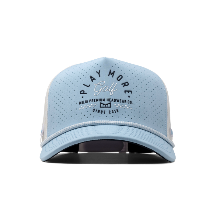 The front view of the melin Odysea Links Hydro  Split Fit in Sky Blue / White
