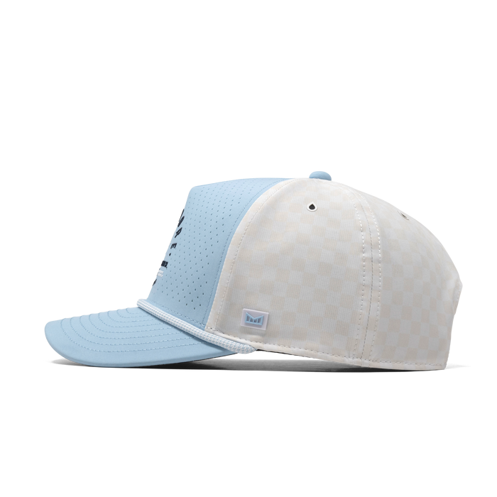 The side view of the melin Odysea Links Hydro  Split Fit in Sky Blue / White