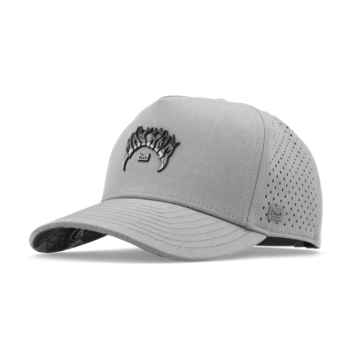 The angled view of the melin Split Fit Odysea Mayhem Hydro hat in heather grey