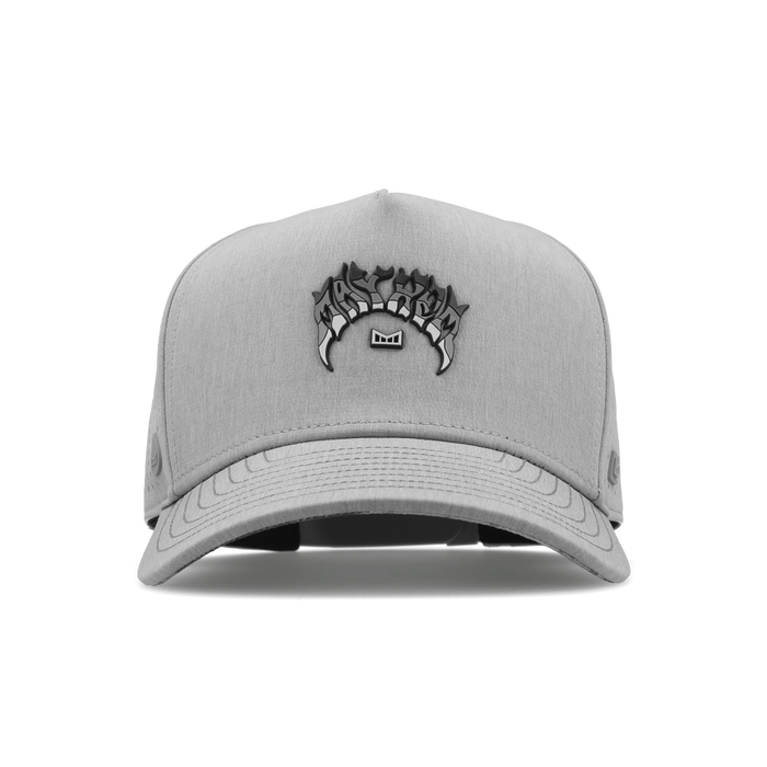 The frontal view of the melin Split Fit Odysea Mayhem Hydro hat in heather grey