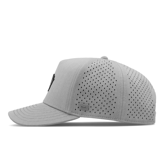 The side view of the melin Split Fit Odysea Mayhem Hydro hat in heather grey