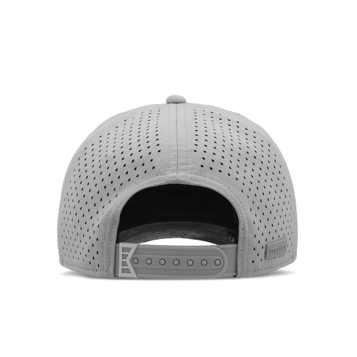 The back view of the melin Split Fit Odysea Mayhem Hydro hat in heather grey