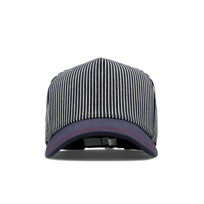 The frontal view of the melin Split Fit Odysea Mill Union hat in hickory denim