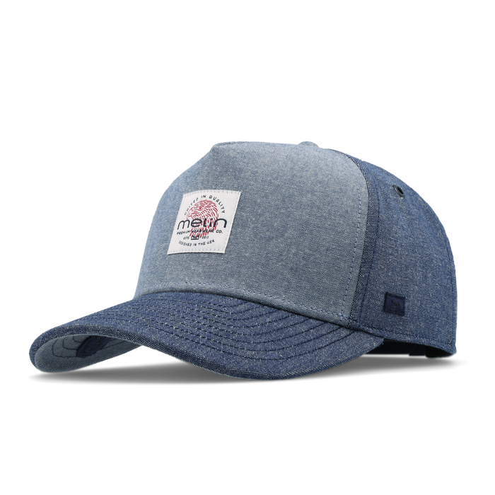 The front, angled view of the melin Odysea Mill United  Split Fit in  Chambray