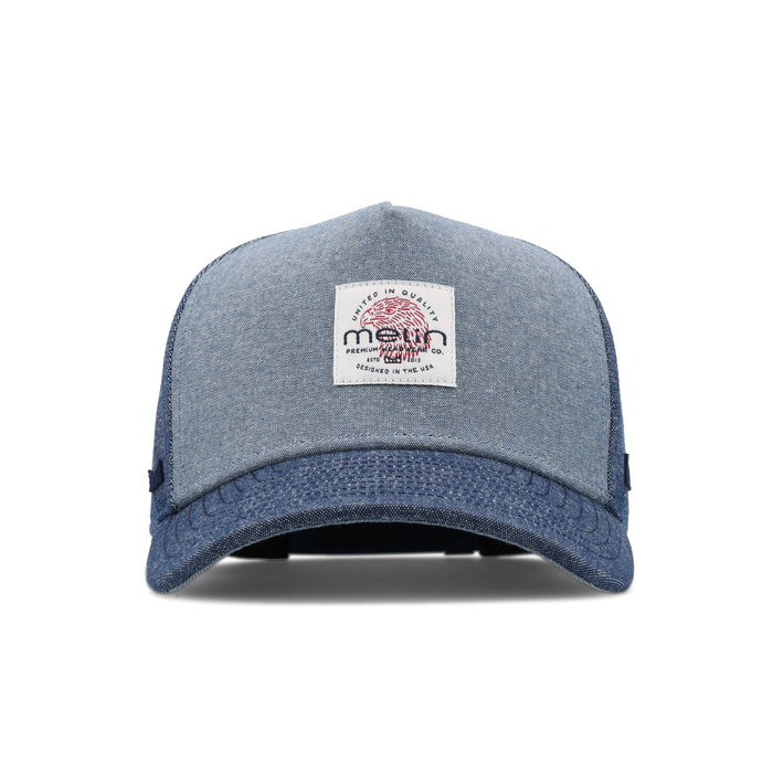 The front view of the melin Odysea Mill United  Split Fit in  Chambray