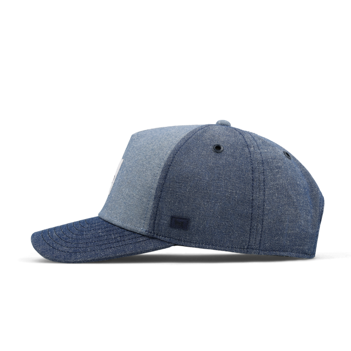 The side view of the melin Odysea Mill United  Split Fit in  Chambray