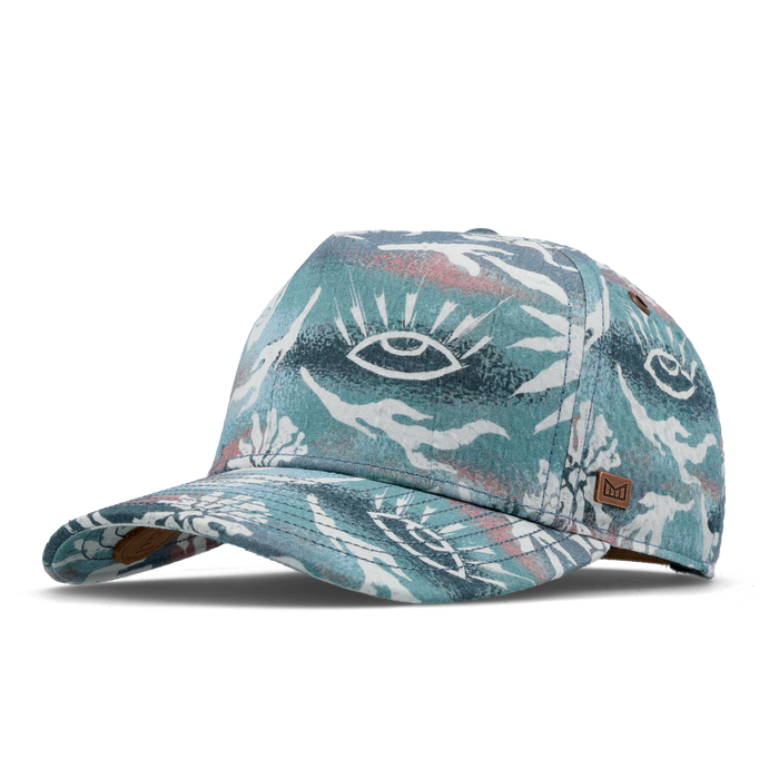 The angled view of the melin Split Fit Odysea Mill Visions hat in marine