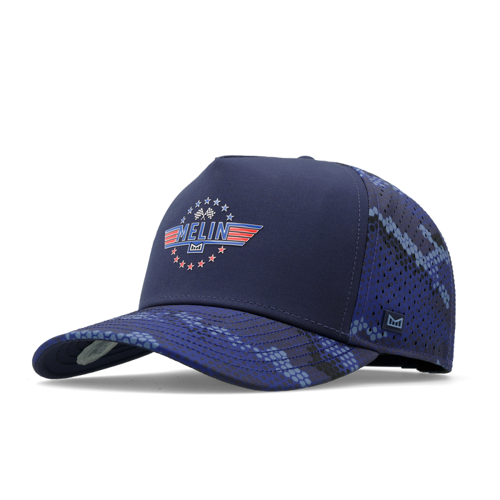 The angled view of the melin Split Fit Odysea Mindset Hydro hat in maverick