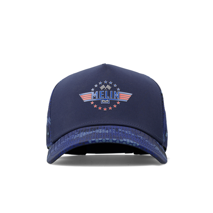 The frontal view of the melin Split Fit Odysea Mindset Hydro hat in maverick