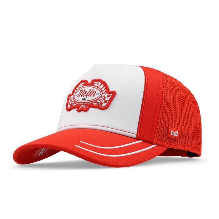 The front, angled view of the melin Odysea MPH Pit Crew Hydro  Split Fit in  Red Alert