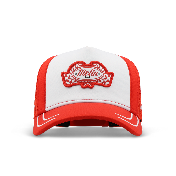 The front view of the melin Odysea MPH Pit Crew Hydro  Split Fit in  Red Alert