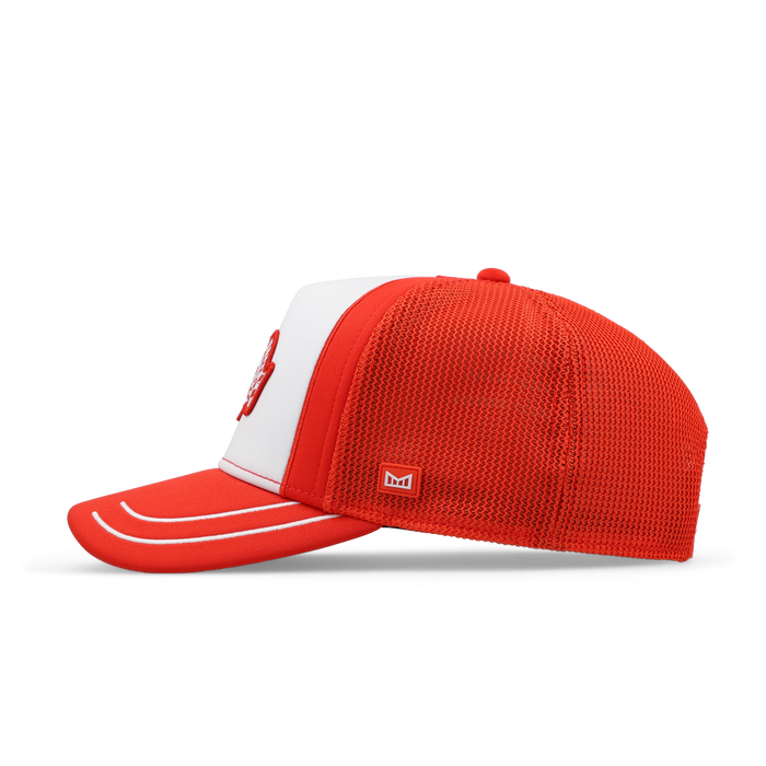 The side view of the melin Odysea MPH Pit Crew Hydro  Split Fit in  Red Alert