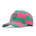 Neon pink and green tie-dye baseball cap with perforated mesh panels and branded patch on front.