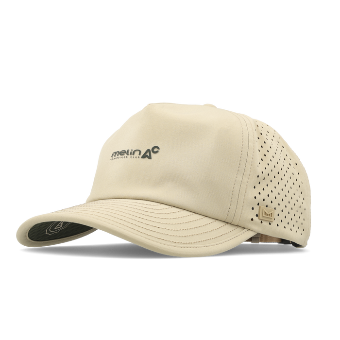 The angled view of the melin Split Fit Odysea Packable Hydro hat in sand