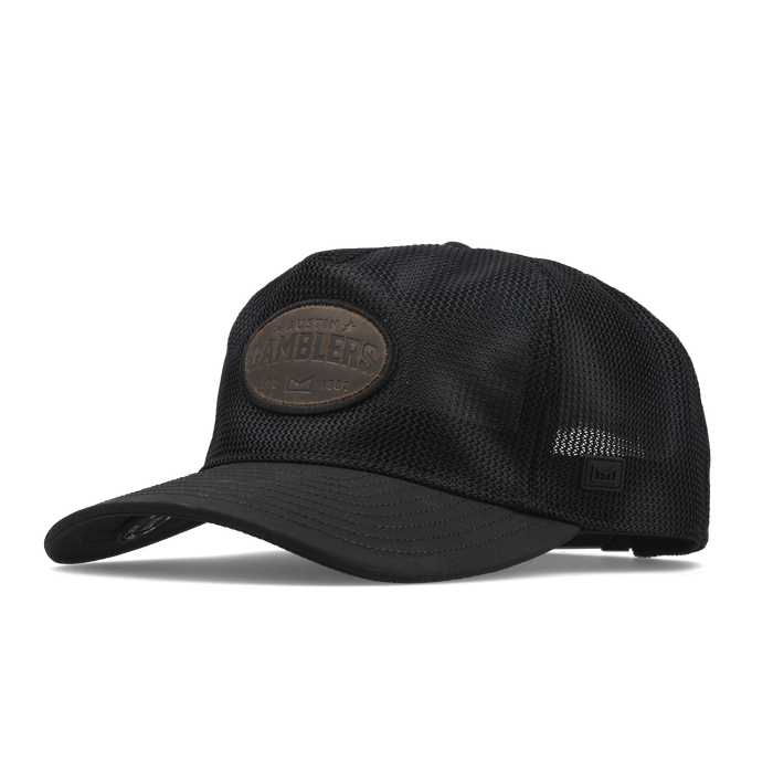 The angled view of the melin Split Fit Odysea Retro Brand Hydro hat in black