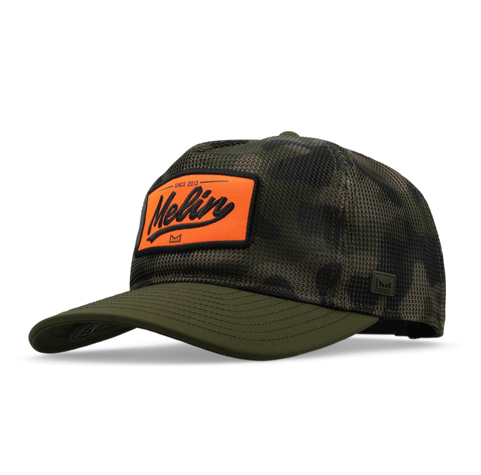 The angled view of the melin Split Fit Odysea Retro Hydro hat in olive camo