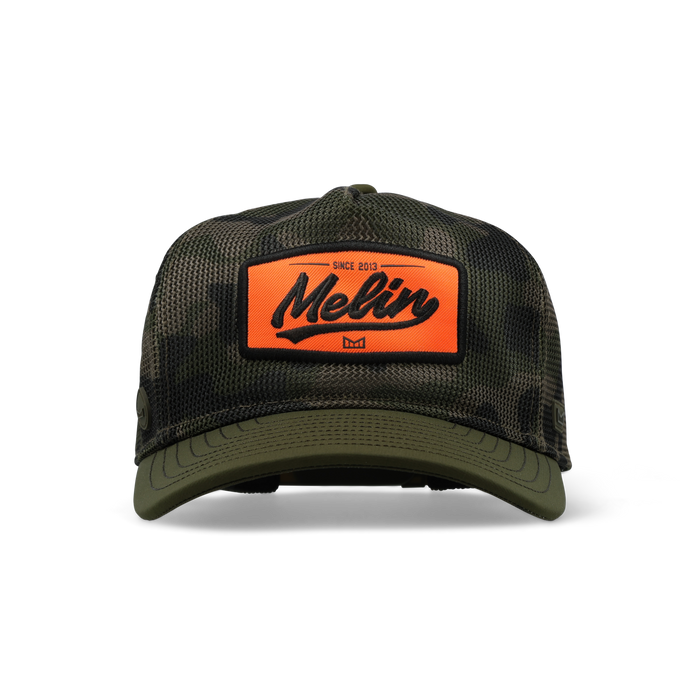 The frontal view of the melin Split Fit Odysea Retro Hydro hat in olive camo