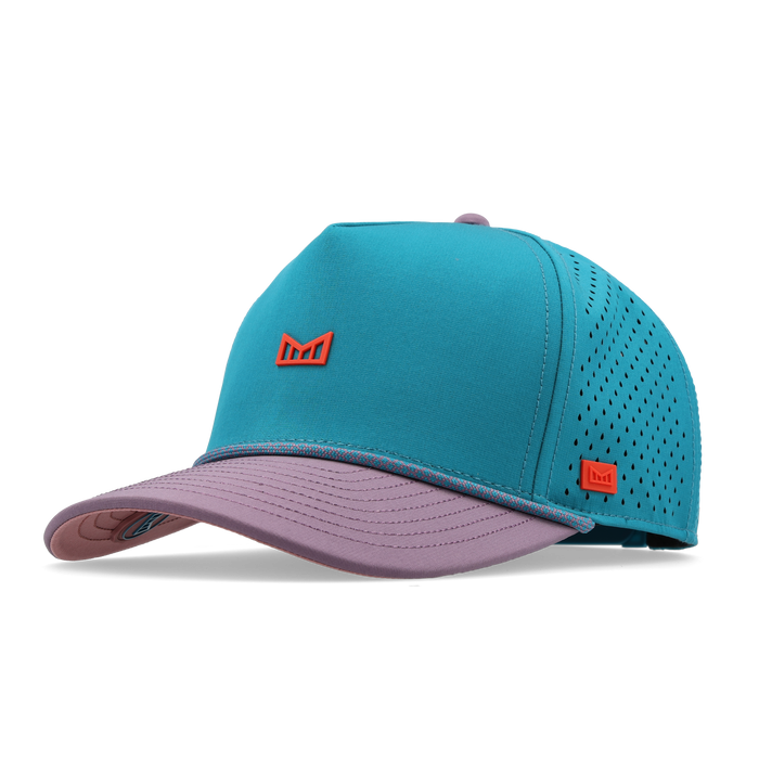 Turquoise and pink baseball cap with red bull logo and perforated panels on back.