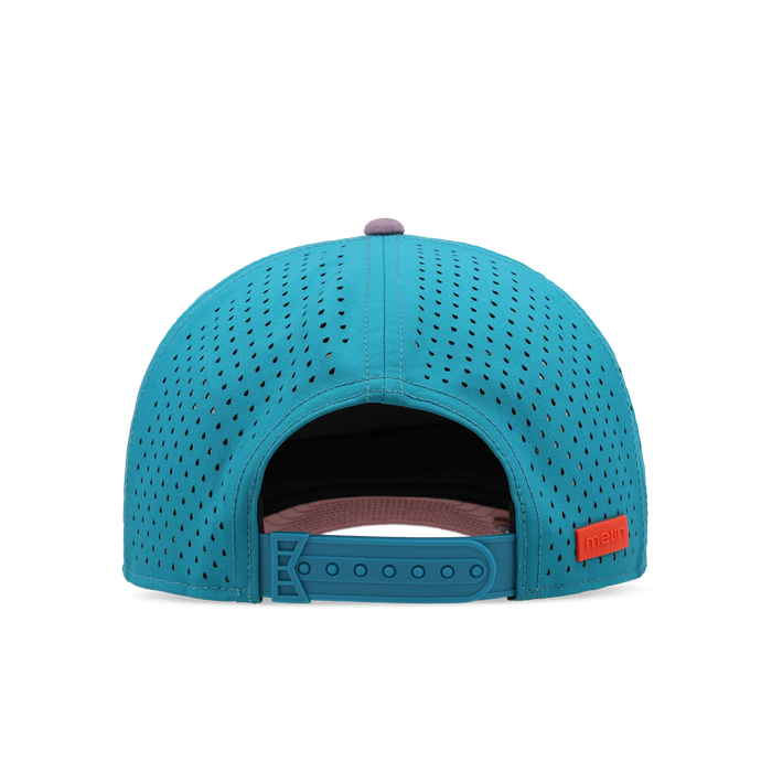 Turquoise perforated baseball cap with adjustable rope back strap and orange brand label.