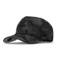 Black camo baseball cap with perforated mesh side panel and embroidered logo on front.