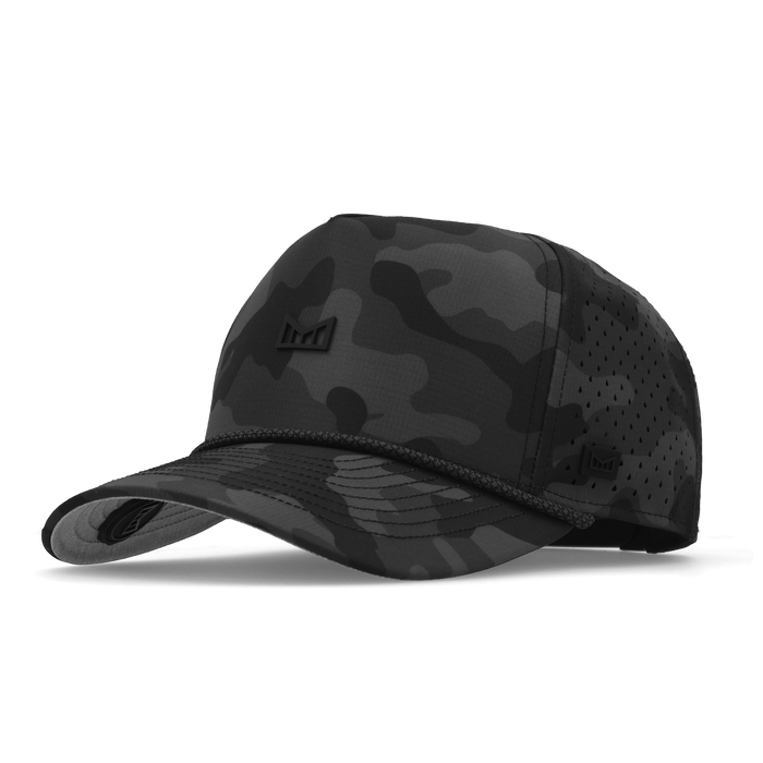 Black camo baseball cap with perforated mesh side panel and embroidered logo on front.