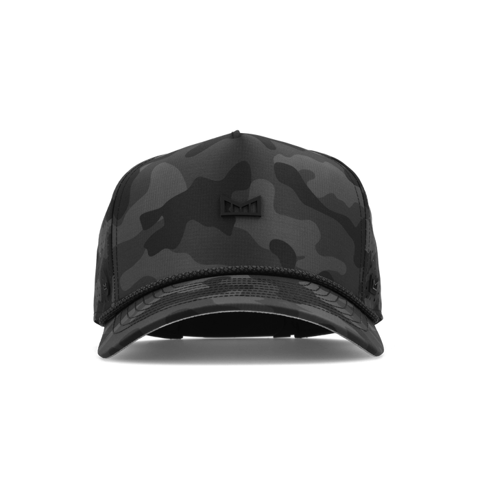 Black camouflage trucker cap with rope detail and small embroidered bulls logo on front.
