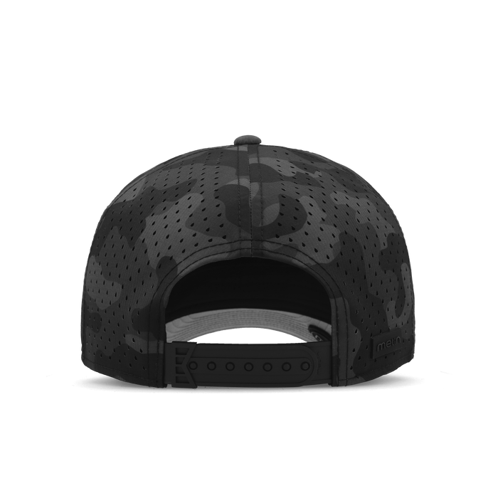 Black perforated baseball cap with snapback closure and bulls icon on crown.