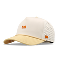 Cream and yellow baseball cap with perforated mesh back panel and small orange bull logo on front and side.