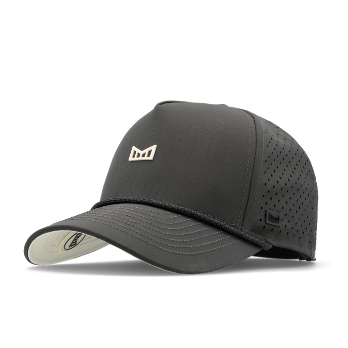 The angled view of the melin Split Fit Odysea Rope Bulls Icon Hydro hat in faded black