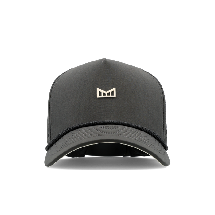 The frontal view of the melin Split Fit Odysea Rope Bulls Icon Hydro hat in faded black