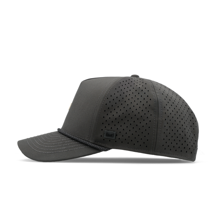 The side view of the melin Split Fit Odysea Rope Bulls Icon Hydro hat in faded black