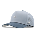 Light blue and navy baseball cap with perforated mesh panels, white embroidered bull icon, and gray trim band.