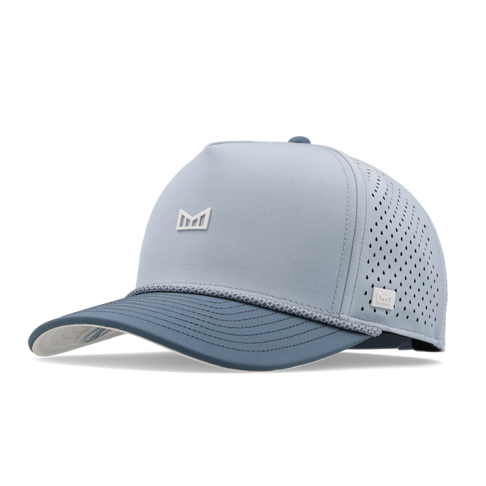 Light blue and navy baseball cap with perforated mesh panels, white embroidered bull icon, and gray trim band.