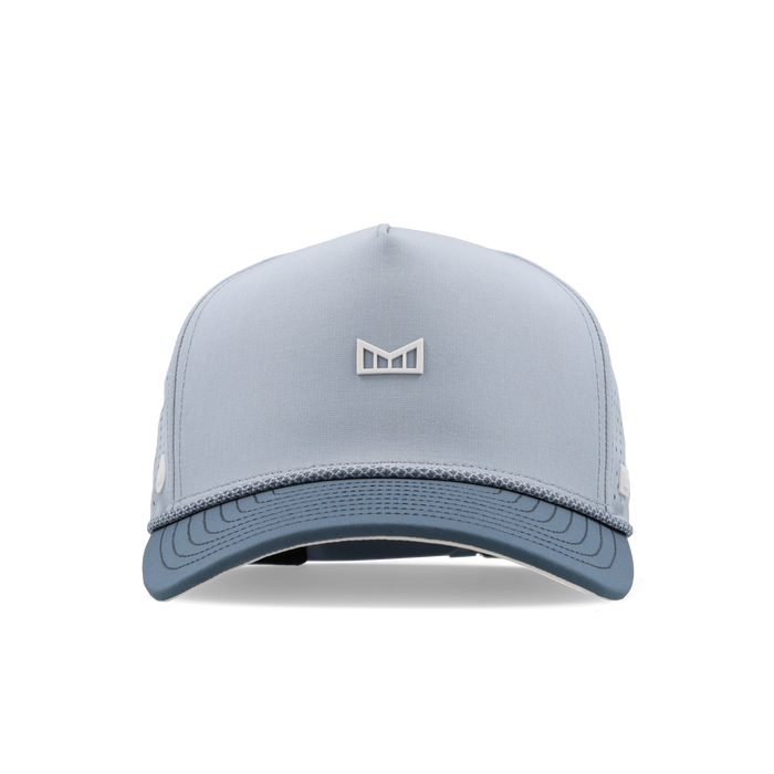 Light blue baseball cap with two-tone mesh panels and small white logo on crown.