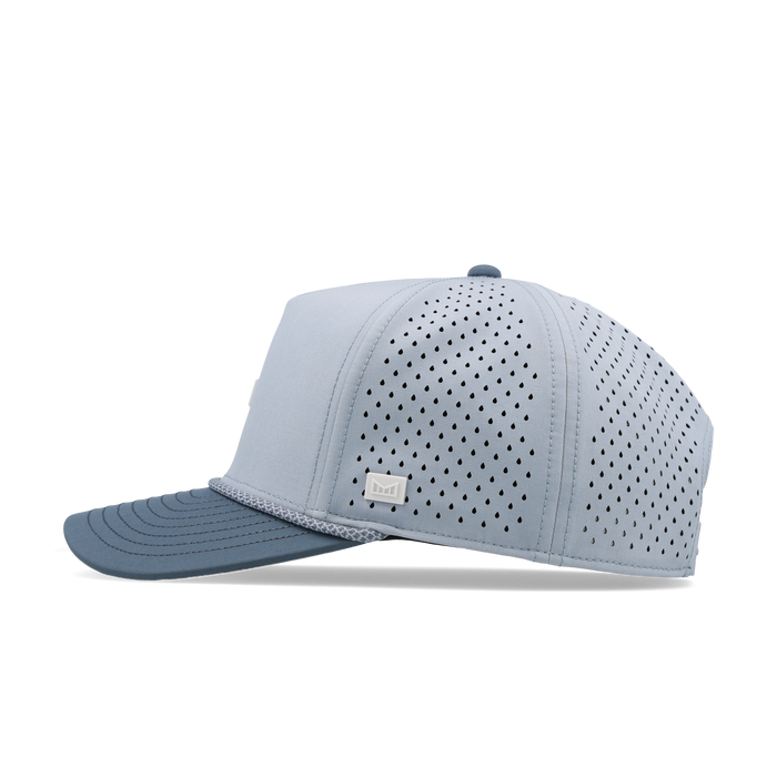 Light blue and dark blue baseball cap with perforated vents and rope trim detail.