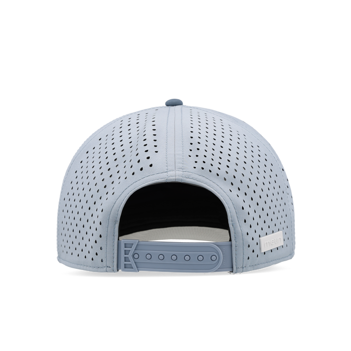 Light blue perforated baseball cap with adjustable snapback closure shown from back view.