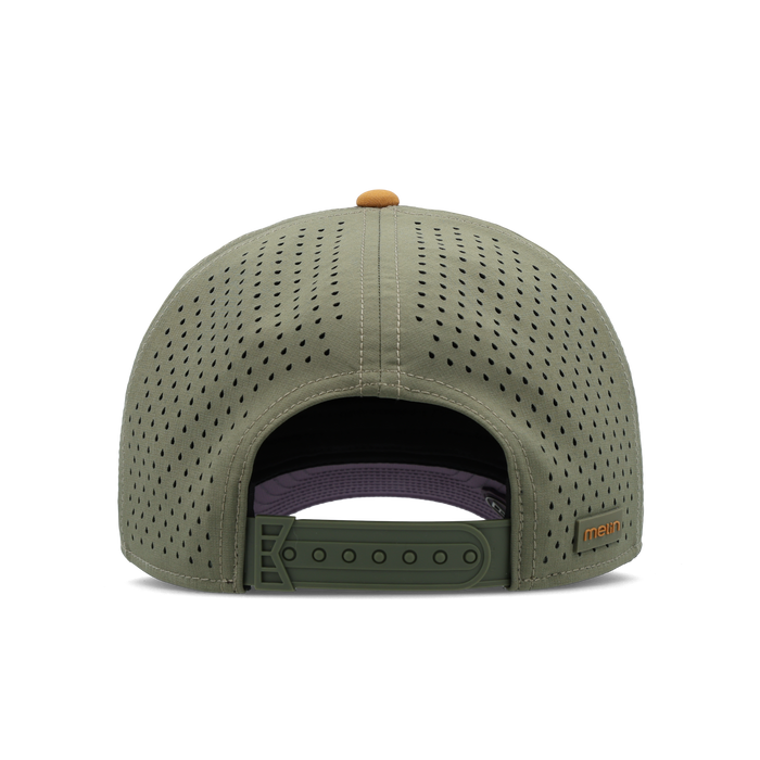 The back view of the melin Split Fit Odysea Rope Bulls Icon Hydro hat in transit