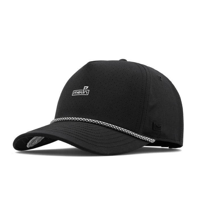 The angled view of the melin Split Fit Odysea Rope Links Hydro hat in black