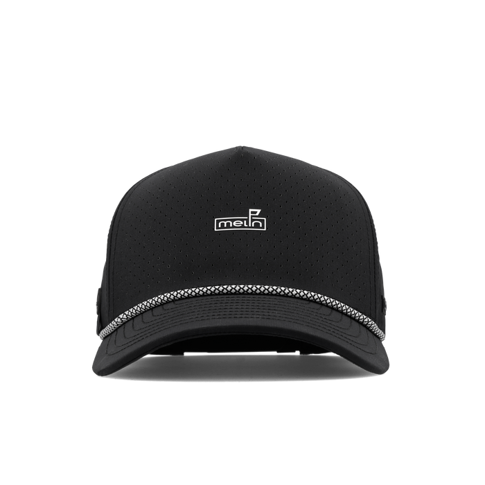 The frontal view of the melin Split Fit Odysea Rope Links Hydro hat in black