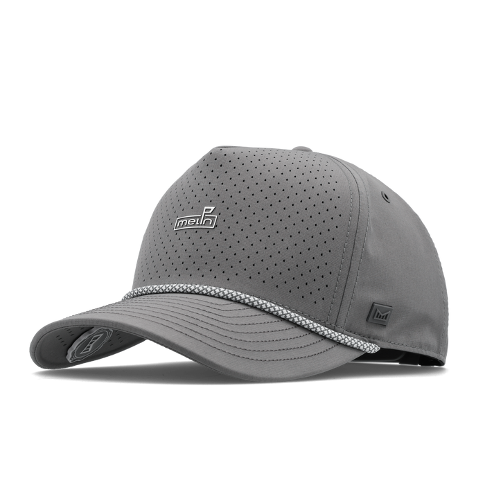 The angled view of the melin Split Fit Odysea Rope Links Hydro hat in grey