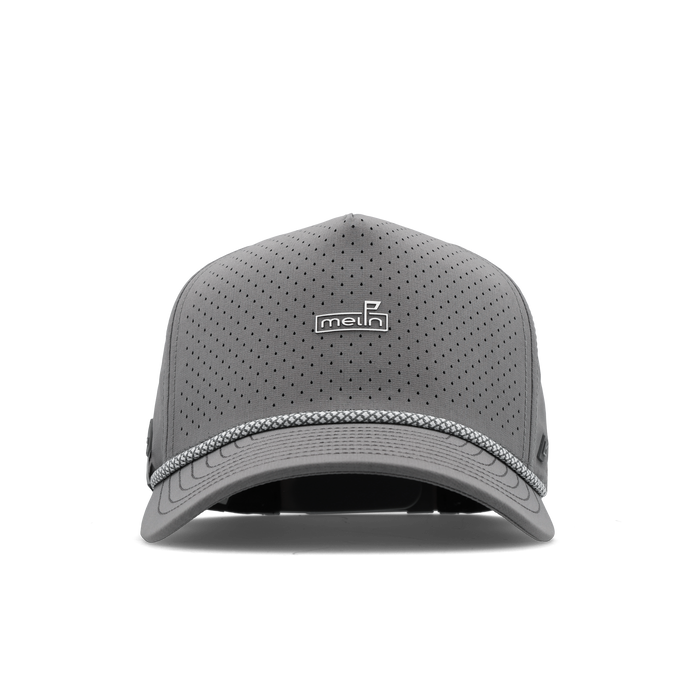The frontal view of the melin Split Fit Odysea Rope Links Hydro hat in grey