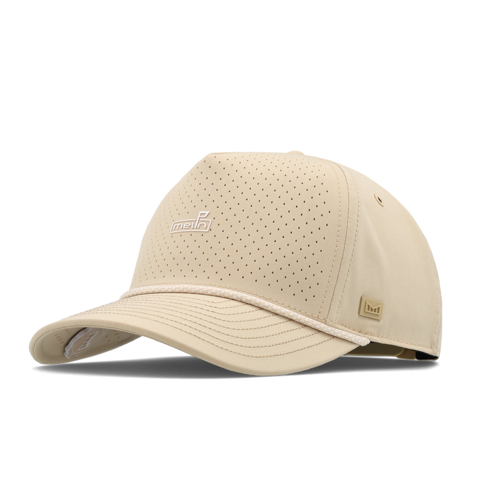 The angled view of the melin Split Fit Odysea Rope Links Hydro hat in khaki